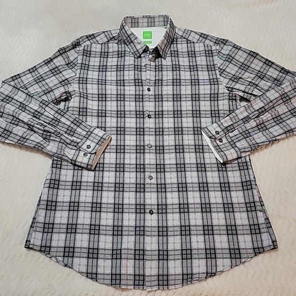 Boss Hugo Boss Green Label Button Up Shirt Men's XL Plaid Gray Modern Fit - Picture 1 of 10